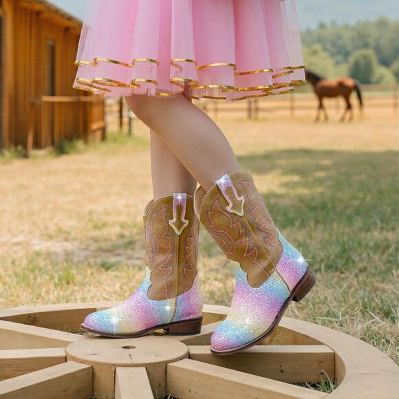 Unisex Child Shiny Rainbow Mid Calf Glitter Toddler Cowboy Boot Little Big Kids - Picture 8 of 8